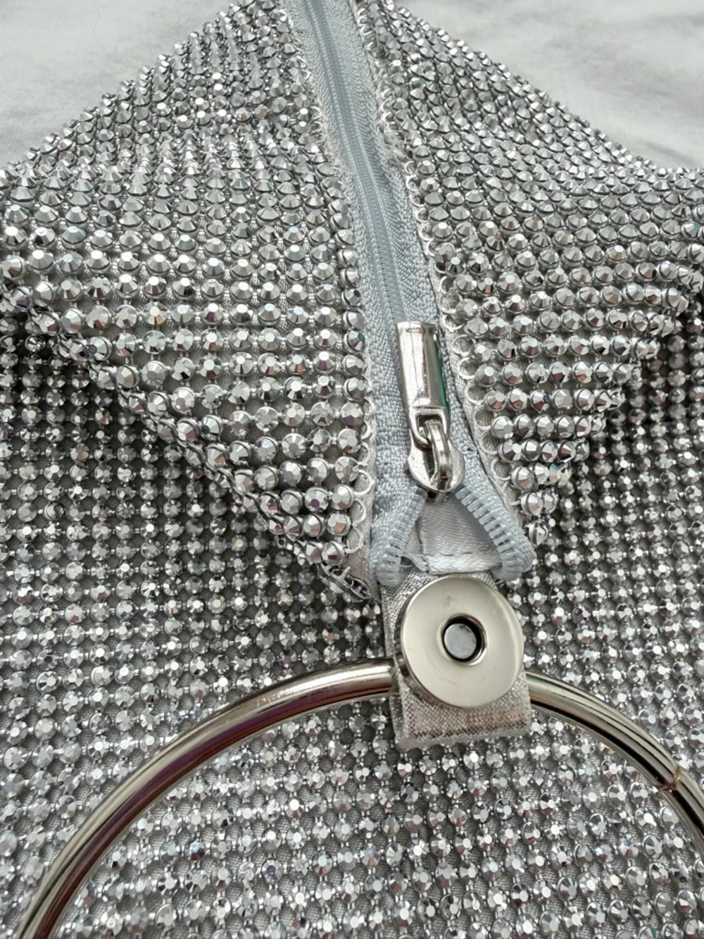 Silver Rhinestone Circle Handle Soft Handbag | Fits iPhone 17 Pro Max - Picture 6 of 12